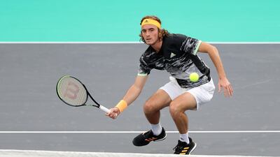 Stefanos Tsitsipas during the match against Andrey Rublev at the Mubadala World Tennis Championship on. Thursday. Chris Whiteoak / The National