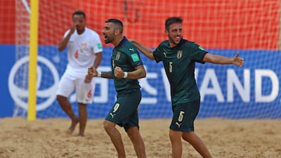 Italy's Emmanuele Zurlo, left, and Alessio Frainetti of Italy celebrate after scoring. EPA