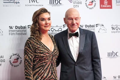 Patrick Stewart with his wife Sunny Ozell at the Dubai International Film Festival. Christopher Pike / The National