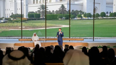 David Sinclair, professor in the Department of Genetics and co-director of the Paul F Glenn Centre at Harvard Medical School, right delivers a lecture titled 'Why We Age and Why We Don’t Have To' at Majlis Mohamed bin Zayed. All photos: UAE Presidential Court