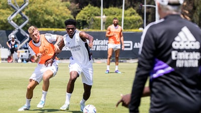 Aurelien Tchouameni and Toni Kroos train with Real Madrid at the UCLA Wallis Annenberg Stadium in Los Angeles. EPA