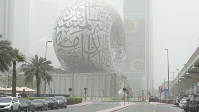 The Museum of the Future during the dusty and hazy weather in Dubai. Pawan Singh / The National