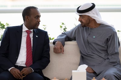 Sheikh Mohamed bin Zayed with Somali Prime Minister Mohamed Roble at the Sea Palace in Abu Dhabi. Photo: Ministry of Presidential Affairs