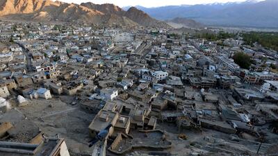 The sun sets in Leh, the largest town in the region of Ladakh.
