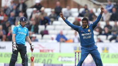 Angelo Mathews reacts during Sri Lanka's win over England in their second one-day international on Sunday. Jan Kruger / Getty Images / May 25, 2014