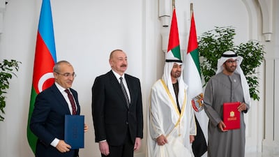 Mr Aliyev, Sheikh Mohamed, and Dr Sultan Al Jaber, UAE Minister of Industry and Advanced Technology Group CEO of ADNOC and Chairman of Masdar, after the signing of a Memorandum of Understanding between the UAE and Azerbaijan, at Al Shati Palace
