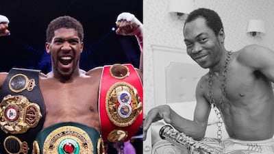 Anthony Joshua after his win in Riyadh on Saturday, left, and Fela Kuti in the UK in 1984. Getty