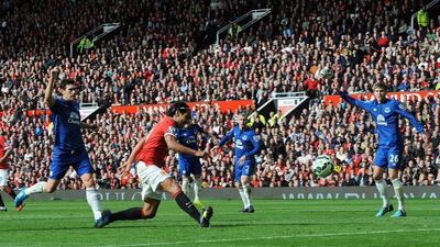 Manchester United's Radamel Falcao scores the winner, his first for his new club, against Everton in Sunday in a 2-1 victory at Old Trafford. Peter Powell / EPA / October 5, 2014