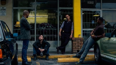 From left, Chiwetel Ejiofor, Aaron Paul, Clifton Collins and Anthony Mackie in Triple 9. Courtesy Gulf Film