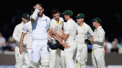 James Anderson of England leaves the field after losing the second Ashes Test match against Australia on Sunday. Gareth Copley / Getty Images