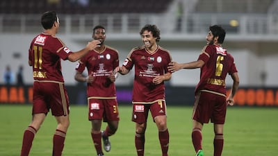 Al Wahda Celebrating the goal made by Jorge Valdivia. Al Wahda VS Dibba football match. Second half, with Al Wahda winning 3-1. Abu Dhabi, United Arab Emirates. Mona Al Marzooqi/ The National