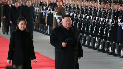 North Korean leader Kim Jong Un and his wife Ri Sol-ju reviewing a guard of honour as he leaves for China from Pyongyang, North Korea. EPA