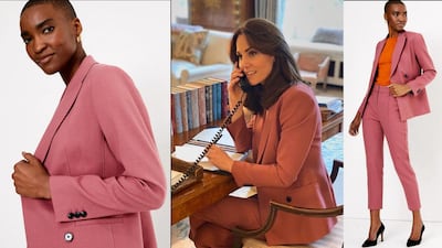 The blush pink power suit Kate Middleton wore while working from home retails at Marks & Spencer in the UAE for Dh1,070. Photos: Marks & Spencer and Kensington Royal Instagram