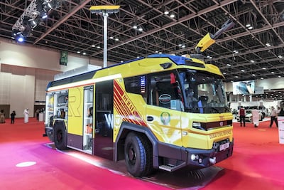 Dubai Civil Defence takes possession of the fully electric Rosenbauer fire engine at the Custom Show Emirates at Dubai World Trade Centre. Antonie Robertson / The National