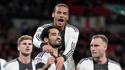 Germany's Ilkay Gundogan celebrates with teammate Leroy Sane after scoring. AP