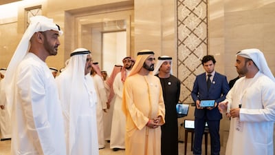 The two UAE leaders seen with Sheikh Hamdan bin Rashid, Deputy Ruler of Dubai and UAE Minister of Finance, second left, and Sheikh Hazza bin Zayed, Vice Chairman of the Abu Dhabi Executive Council.