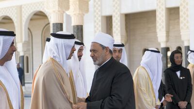 Sheikh Mansour bin Zayed bids farewell to Dr Ahmed Al Tayeb. Rashed Al Mansoori / Ministry of Presidential Affairs