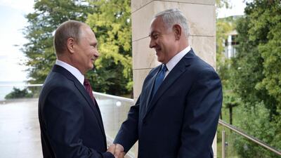 Russian president Vladimir Putin, left, meets Israeli prime minister Benjamin Netanyahu during their meeting in Sochi, Russia on August 23, 2017 where the two discuss the ar in Syria. Alexei Nikolsky, Sputnik, Kremlin Pool Photo via AP