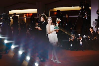 May el-Toukhy, left, won the Golden Lion for Woman Unknown, while lead actress Mathilde Arcel took home the Best Actress award. Getty Images