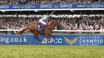 Frankie Dettori rides Galileo Gold to the win in the 2000 Guineas Stakes at Newmarket Racecourse on Saturday. Alan Crowhurst / Getty Images / April 30, 2016