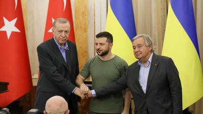 Turkish President Recep Tayyip Erdogan, Ukrainian President Volodymyr Zelenskyy and UN Secretary General Antonio Guterres held a press conference to discuss the situation around the Zaporizhzhia nuclear power plant. EPA