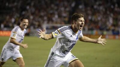 Steven Gerrard shown after scoring on his LA Galaxy debut in MLS last month. Jae C Hong / AP / July 17, 2015