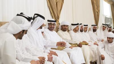 The Abu Dhabi Crown Prince offers condolences to the family of Al Shetti Al Sayyad. Seen with Sheikh Mansour bin Zayed, Deputy Prime Minister and Minister of Presidential Affairs, Sheikh Abdullah bin Zayed, Minister of Foreign Affairs, and Ahmed Juma Al Zaabi, Deputy Minister of Presidential Affairs. Ryan Carter / Crown Prince Court - Abu Dhabi