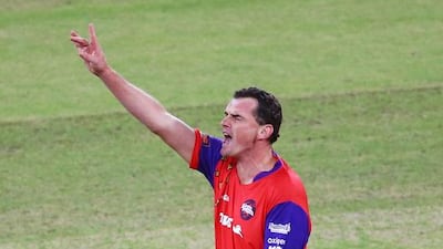 Kyle Mills of Gemini Arabians unsuccessfully appeals for the wicket of Jacques Kallis of Libra Legends during the opening match of the Oxigen Masters Champions League 2016 between Libra Legends and Gemini Arabians on January 28, 2016 in Dubai, United Arab Emirates. Francois Nel/Getty Images