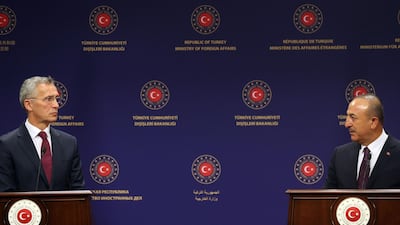 Turkish Foreign Minister Mevlut Cavusoglu, right, and Nato Secretary General Jens Stoltenberg hold a press conference after their meeting at the Foreign Ministry in Ankara on October 5, 2020. AFP