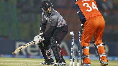 Khurram Khan, left, insists UAE are a better side than what was on display in their first match against the Netherlands on Monday, March 17, 2014. AM Ahad / AP Photo