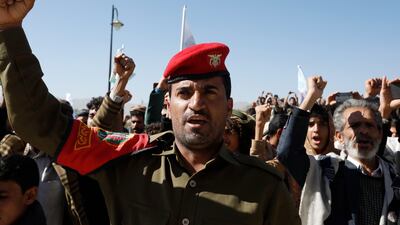 A pro-Houthi trooper shouts slogans in Sanaa, Yemen. EPA