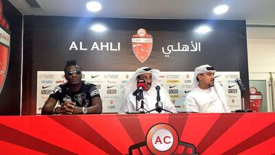 Ghanaian footballer Asamoah Gyan is introduced at Al Ahli, Sunday September 4, 2016. The former Al Ain striker has returned to the UAE on a loan from Shanghai SIPG. John McAuley / The National