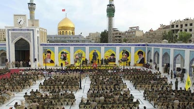 Hezbollah supporters at a Shiite shrine in the Sayda Zeinab district of Damascus, in June 2021.