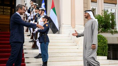 President Sheikh Mohamed is received by Mr Mitsotakis at the Maximos Mansion.