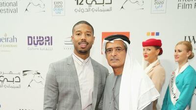 Actor Michael B Jordan and DIFF Chairman Abdulhamid Juma attend the Bilal premiere during day two of the 12th annual Dubai International Film Festival held at the Madinat Jumeriah Complex. Neilson Barnard / Getty Images for DIFF