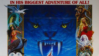 A 1977 poster for 'Sinbad and the Eye of the Tiger' features a woman in a niqab and a bejewelled purple and gold robe, who shoots lightning from her hand as she kicks towards the viewer with a giant foot that resembles an eagle’s talon. Courtesy Abboudi Abou Jaoude and Dar el-Nimer