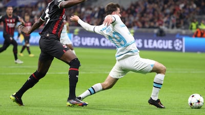 Fikayo Tomori pulls on the shoulder of Mason Mount resulting in a Chelsea penalty and the Milan defender being sent-off. EPA