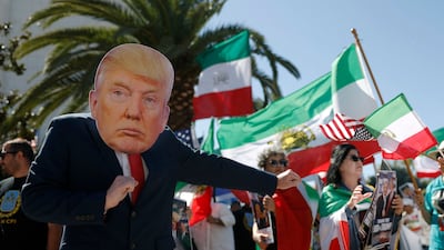 A demonstrator dressed as US President Donald Trump dances during a rally in support of the war in Los Angeles, California. AFP