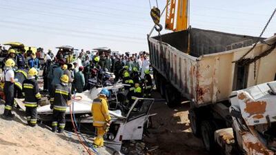 The February 3 accident on the Al Ain-Abu Dhabi truck road killed 19 Bangladeshis, an Indian and an Egyptian, who were travelling from their housing to their workplace. ??Courtesy Al Ain Police
