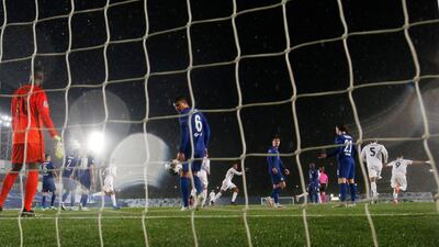 Real Madrid's Karim Benzema celebrates scoring their equaliser. Reuters