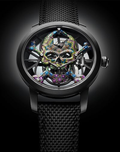 The Tourbillon Skelet Ceramic Skull Pointillism pairs a black ceramic case with a hand-carved gold skull, its surface adorned with 3,000 meticulously painted dot. Photo: Jaquet Droz