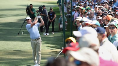 Rory McIlroy plays a shot on the eighth hole during the final round of the 2026 Masters. Getty Images