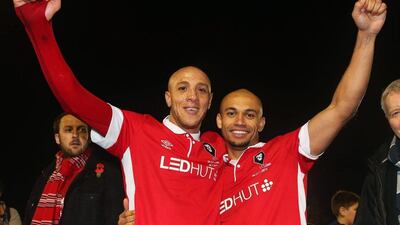 Goalscorers Richie Allen, left, and Danny Webber of Salford City celebrate victory after the FA Cup win over Notts County. Chris Brunskill / Getty Images