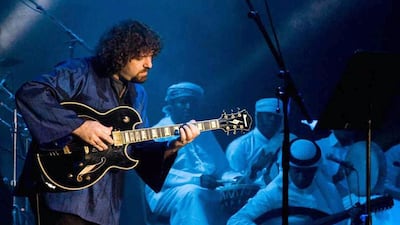 Kamal Musallam, left, performing with Sokoor Al Magabeel. Photo courtesy Sebastian Farmborough