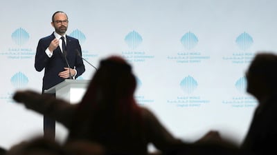 French Prime Minister Edouard Philippe delivers a speech during the opening day of the World Government Summit in Dubai. Karim Sahib / AFP