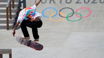 Yuto Horigome of Team Japan competes at the Skateboarding Men's Street Finals.