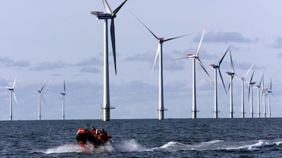 An offshore wind farm in the North Sea, 14 kilometres west of the Danish coast. Global investments in energy transition technologies in 2022 – including energy efficiency – set a new record high. AP