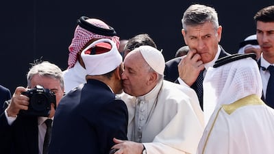 Pope Francis greets Grand Imam of Al-Azhar Ahmed Al-Tayeb as they attend the Bahrain Forum for Dialogue: East and West for Human Coexistence at Al-Fida' Square of Sakhir Royal Palace during Pope Francis' apostolic journey, south of Manama, Bahrain. Reuters