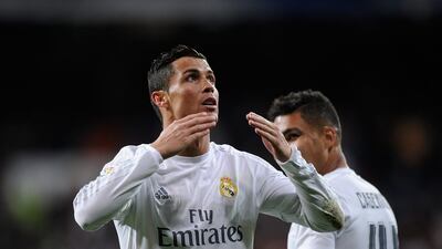 Cristiano Ronaldo celebrates scoring for Emirates-sponsored Real Madrid. Denis Doyle / Getty Images