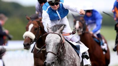 Maxime Guyon celebrates winning the Qatar Sussex Stakes on Solow at Glorious Goodwood in July, 2017. Matthew Childs / Reuters